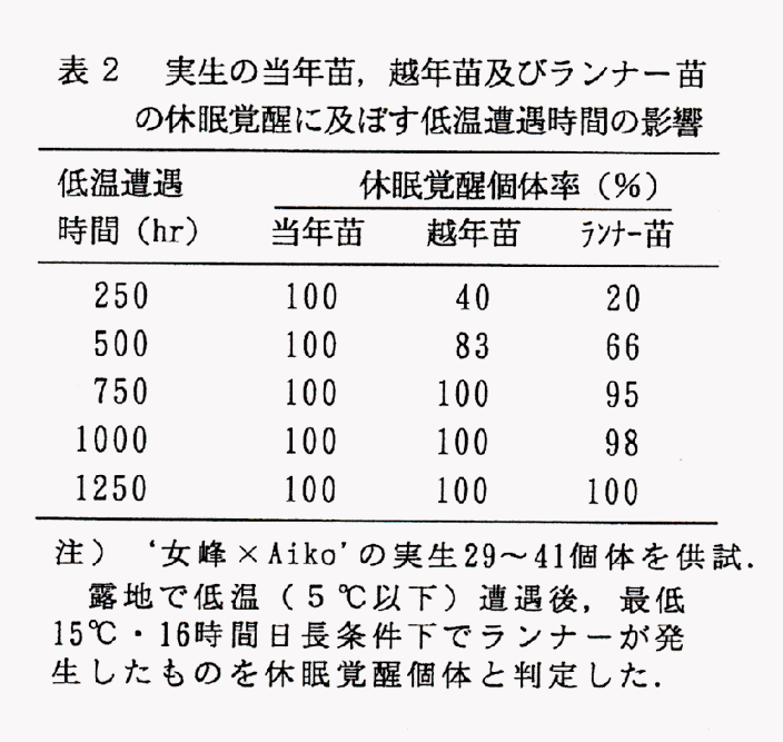 表2 実生の当年苗、越年苗及びランナー苗の休眠覚醒に及ぼす低温遭遇時間の影響