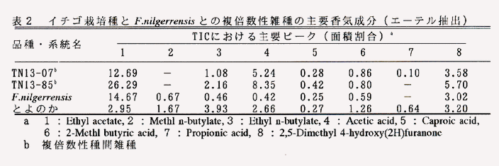表2 イチゴ栽培種とF.nilgerrensisとの複倍数性雑種の主要香気成分