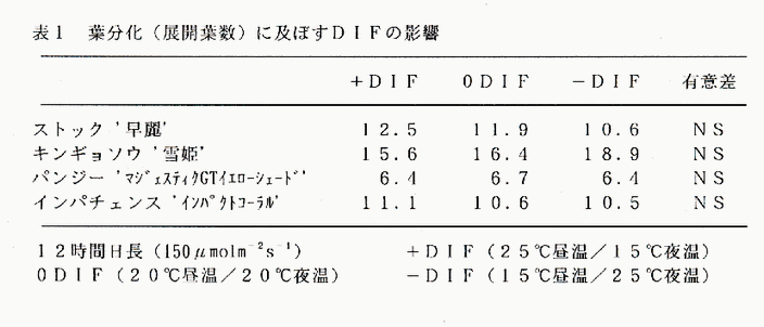 表1 葉分化(展開葉数)に及ぼすDIFの影響