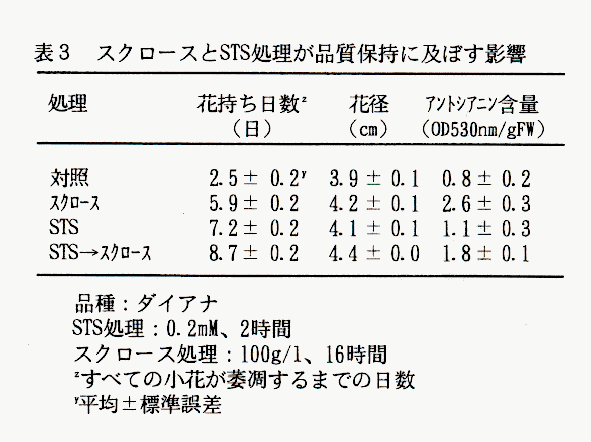 表3 スクロースとSTS処理が品質保持に及ぼす影響