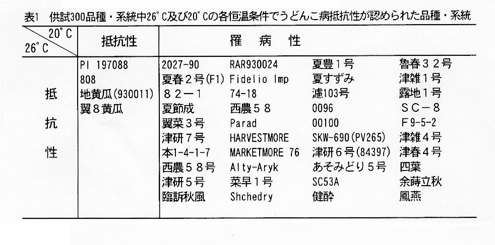 表1:供試300品種・系統中26°C及び20°Cの各恒温条件でうどんこ病抵抗性が認められた品種・系統
