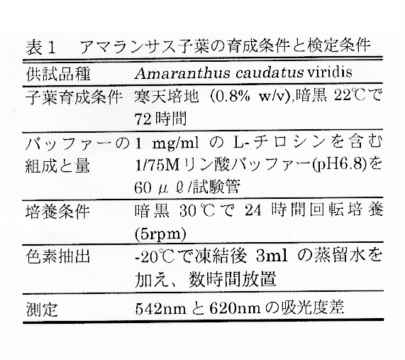表1:アマランサス子葉の育成条件と検定条件