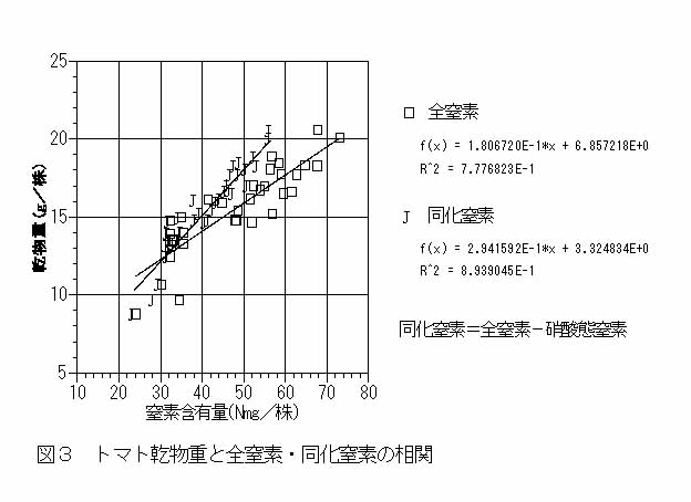 図3 トマト乾物重と全窒素・同化窒素の相関