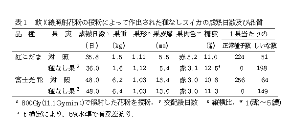 表1 軟X線照射花粉の受粉によって作出された種なしスイカの成熟日数及び品質