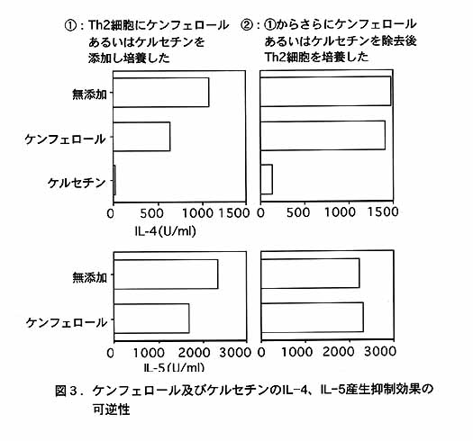 図3 ケンフェロール及びケルセチンのIL-4、IL-5産生抑制効果の可逆性