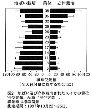 図2 地ばい及び立体栽培されたスイカの葉位別受光量