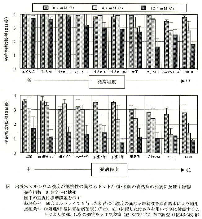 図 培養液カルシウム濃度が抵抗性の異なるトマト品種・系統の青枯病の発病に及ぼす影響