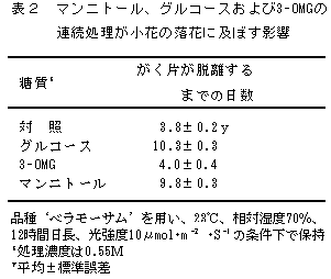 表2 マンニトール、グルコースおよび3-0MGの連続処理が小花の落下に及ぼす影響