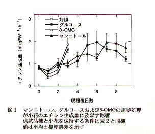 図1 マンニトール、グルコースおよび3-0MGの連続処理が小花のエチレン生成量に及ぼす影響