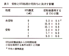 表3 受粉とSTS処理が花持ちに及ぼす影響