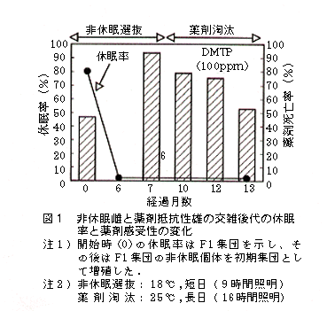 図1 非休眠雌と薬剤抵抗性雄の交雑後代の休眠率と薬剤感受性の変化