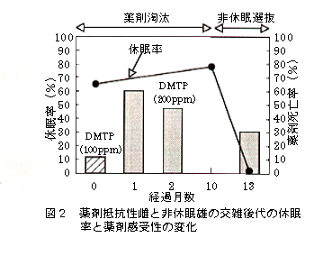 図2 薬剤抵抗雌と非休眠雄の交雑後代の休眠率と薬剤感受性の変化