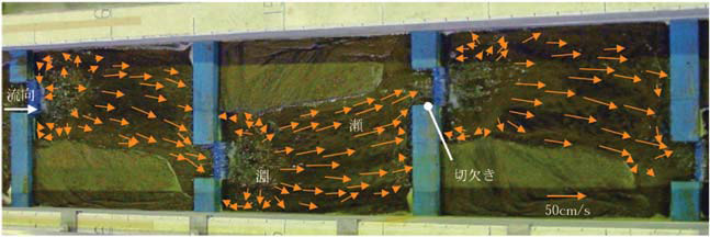 図3-1 低水時の表面流速分布(桟間隔1.08m、流量1.7l/s