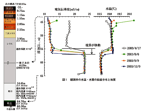 図1 観測井の水温・水質の鉛直分布と地質