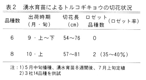 表2.湧水育苗によるトルコギキョウの切花状況