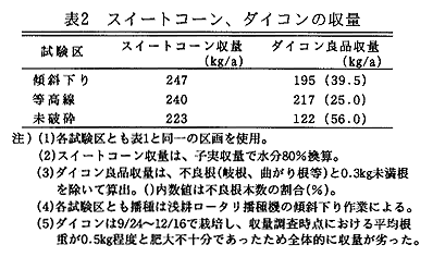 表2 スイートコーン、ダイコンの収量