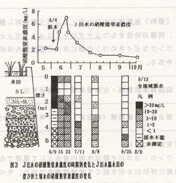 図3.J出水の硝酸態窒素濃度の時期別変化とJ出水脇水田の深さ別土壌水の硝酸態窒素濃度の変化