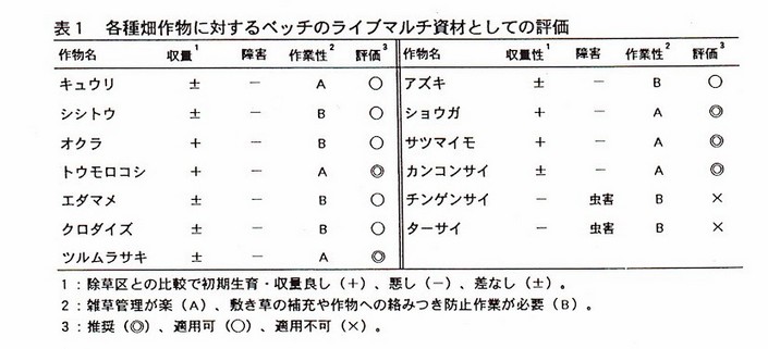 表1 各種畑作物に対するベッチのライブマルチ資材としての評価