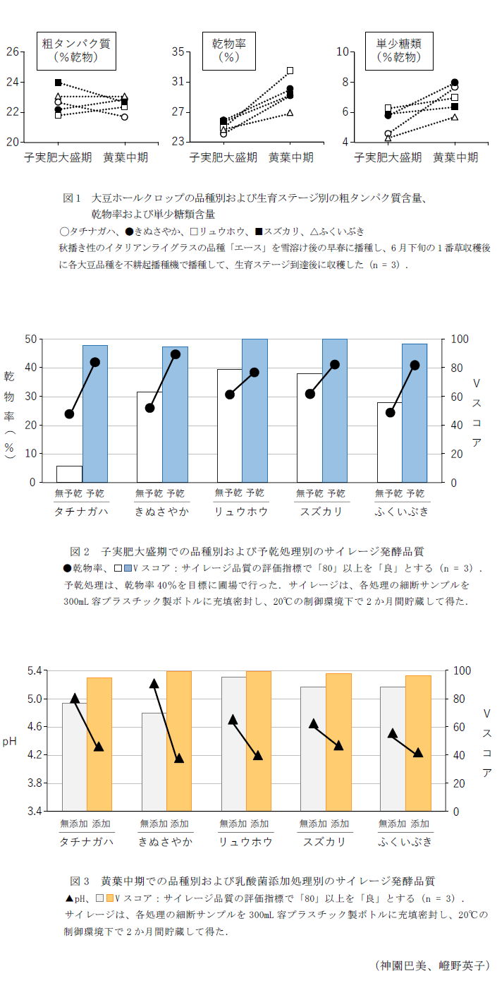 図1 大豆ホールクロップの品種別および生育ステージ別の粗タンパク質含量,図2 子実肥大盛期での品種別および予乾処理別のサイレージ発酵品質,図3 黄葉中期での品種別および乳酸菌添加処理別のサイレージ発酵品質