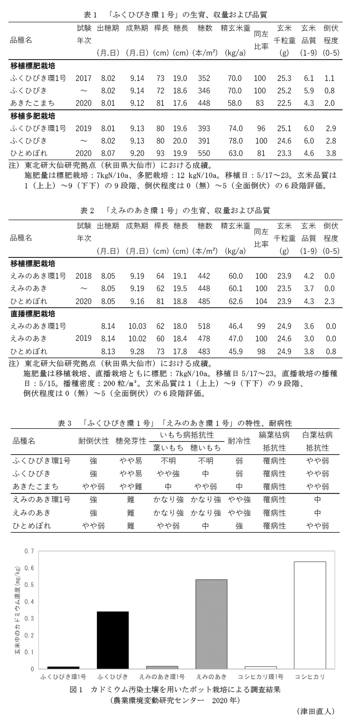 表1 「ふくひびき環1号」の生育、収量および品質,表2 「えみのあき環1号」の生育、収量および品質,表3 「ふくひびき環1号」「えみのあき環1号」の特性、耐病性,図1 カドミウム汚染土壌を用いたポット栽培による調査結果