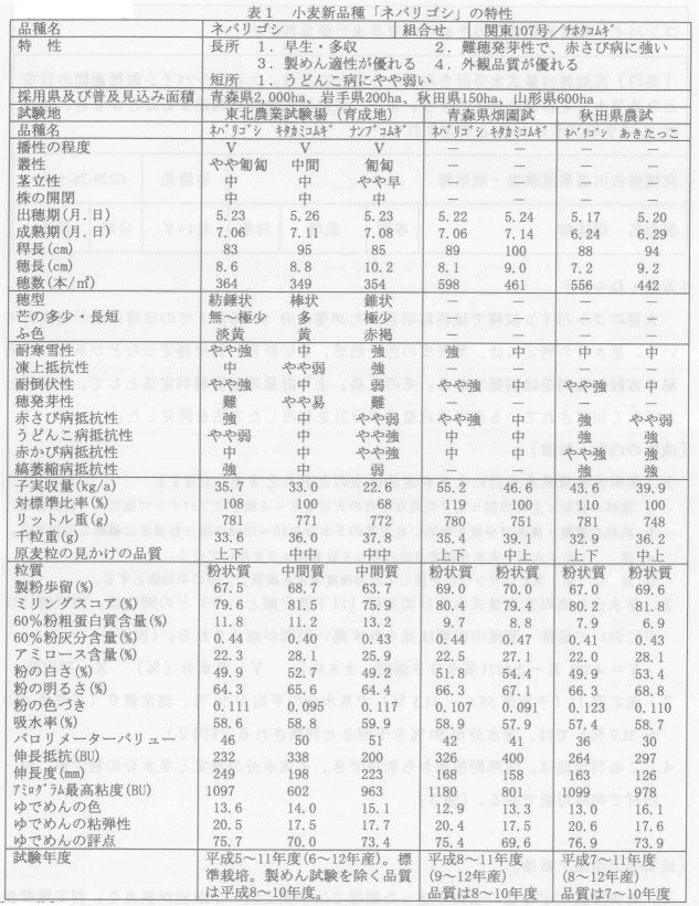 表1.小麦新進主「ナバリゴシ」の特性