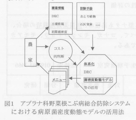 図1.アブラナ科野菜根こぶ病総合防除システムにおける病原菌密度動態モデルの活用法