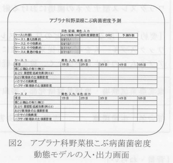図2.アブラナ科野菜根こぶ病原菌菌密度動態モデルの入・出力画面