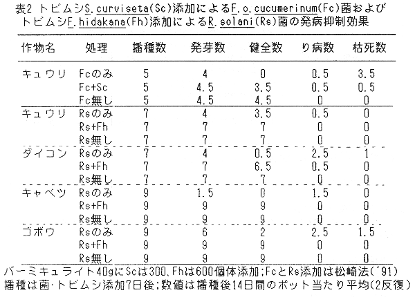 表2 トビムシ添加によるF.o.cucumerinum菌およびトビムシ添加によるR. solani菌の発病抑制効果