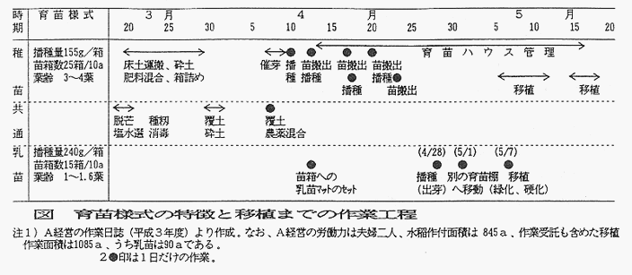 図1 育苗様式の特徴と移植までの作業工程