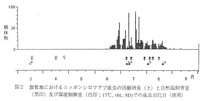 図2 放牧地におけるニッポンシロフアブ成虫の活動消長(上)と自然温飼育室(黒印)及び環境制御室