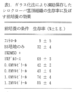 表1 ガラス化法により凍結保存したシロクローバ登頂組織の生存率に及ぼす前培養の効果