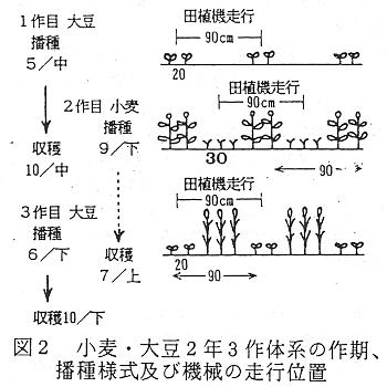 図2 小麦・大豆2年3作体系の作期、播種様式及び機械の走行位置