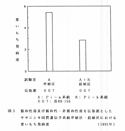 図3 親和性菌および親和性・非親和性菌を伝染源としたササニシキ同質遺伝子系統単植区・混植区における葉いもち発病度