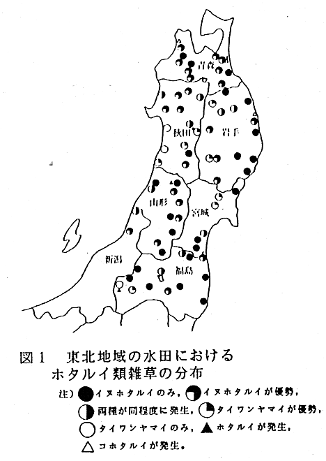 図1.東北地域の水田におけるホタルイ類雑草の分布