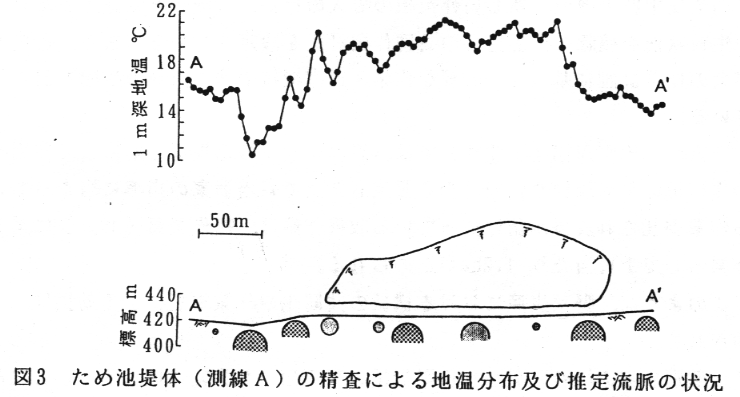 図3.ため池堤体の精査による地温分布及び推定流脈の状況