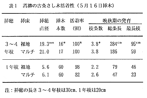 表1.蒿柳の古条さし木活着性