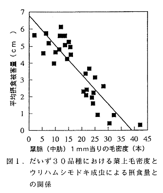 図1 だいず30品種における葉上毛密度とウリハムシモドキ成虫による摂食量との関係