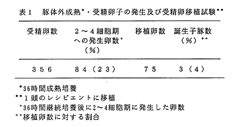 表1 豚体外成熟・受精卵子の発生および受精卵移植試験