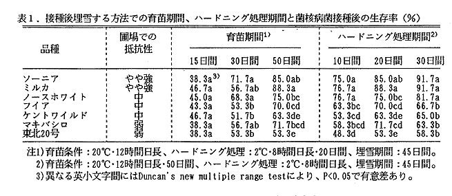 表1 接種後埋雪する方法での育苗期間、ハードニング処理期間と菌核病菌接種後の生存率