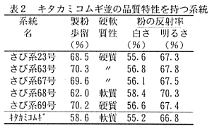 表2.キタカミコムギ並みの品質特性を持つ系統