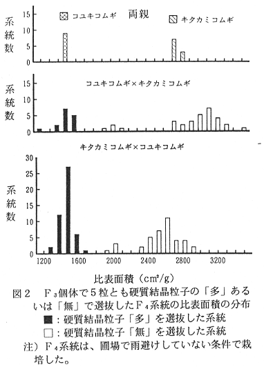 図2.F3固体で5粒とも硬質結晶粒子の「多」あるいは「無」で選抜したF4系統の比表面積の分布