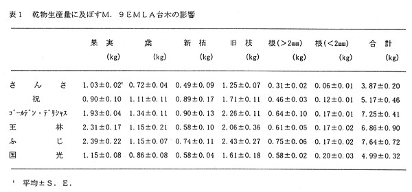 表1.乾物生産量に及ぼすM.9EMLA台木の影響