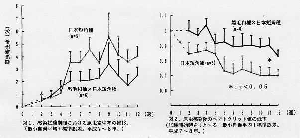 図1.感染試験期間における原虫寄生率の推移、図2.原虫感染後のヘマトクリット値の低下