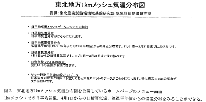 図2 東北地方1kmメッシュ気温分布図を公開しているホームページのメニュー画面