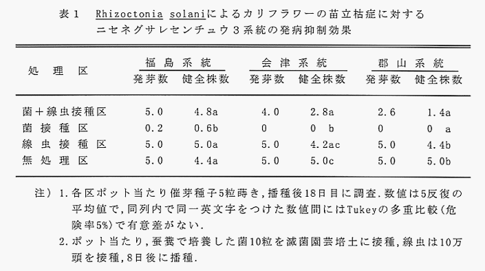 表1 Rhizoctobnia solaniによるカリフラワーの苗立枯症に対するニセネグサレセンチュウ3系統の発病抑制効果