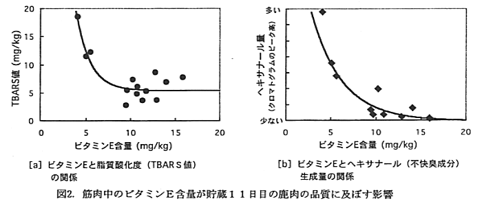 図2 筋肉中のビタミンE含量が貯蔵11日目の鹿肉の品質に及ぼす影響