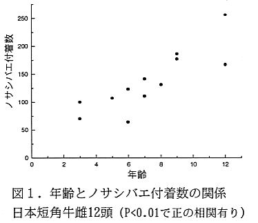 図1 年齢とノサシバエ付着数の関係