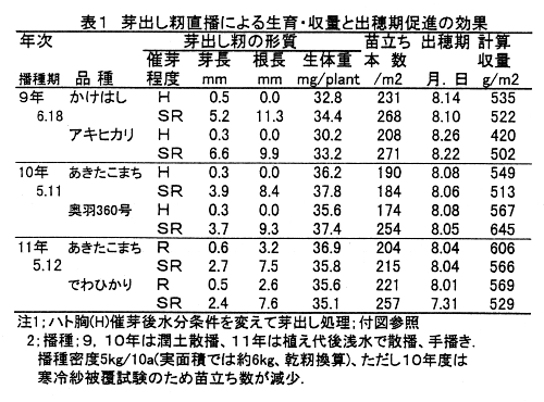 表1.芽出し籾直播による生育・収量と出穂期促進の効果