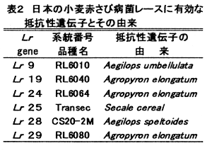 表2.日本の小麦赤さび病菌レースに有効な抵抗性遺伝子とその由来