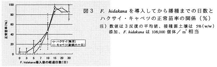 図3.F.hidakanaを導入してから播種までの日数とハクサイ・キャベツの正常苗率の関係(%)